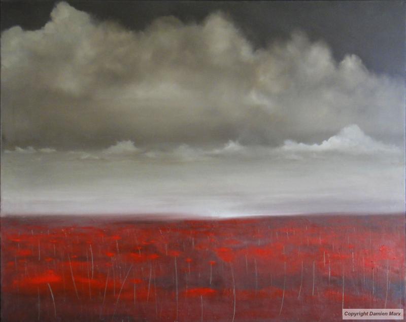 Tableau peinture contemporaine,Paysage coquelicot,fleurs, ciel, paysage floral,huile,rouge
