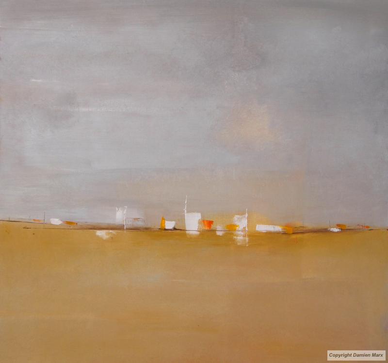 Tableau peinture contemporaine,Paysage abstrait urbain,imaginaire, rêverie, paix,huile,ocre