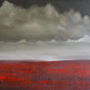 Tableau peinture contemporaine,Paysage coquelicot,fleurs, ciel, paysage floral,huile,rouge