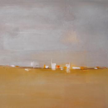 Tableau peinture contemporaine,Paysage abstrait urbain,imaginaire, rêverie, paix,huile,ocre