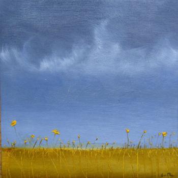 Tableau peinture contemporaine,Paysage abstrait floral,champ, fleurs, jaune, ciel, ,huile,jaune