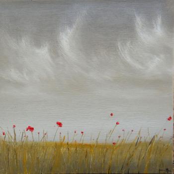Tableau peinture contemporaine,Paysage fleur,champ, fleurs, rouge, ciel, herbe,huile,gris