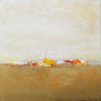 Tableau peinture contemporaine,Village abstrait,village abstrait, maisons, paisible,acrylique,marron